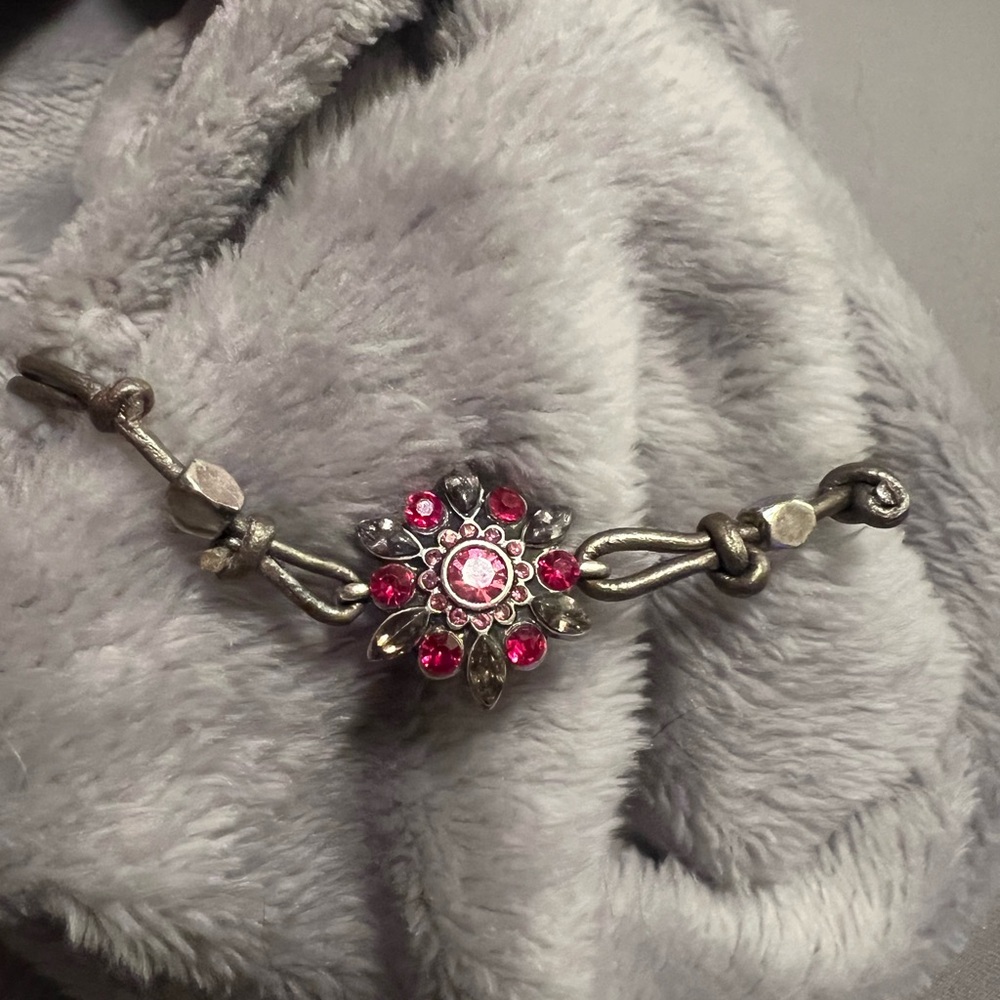 Fossil Silver Tone, Pink/Gray Rhinestone Cord Bracelet, good condition